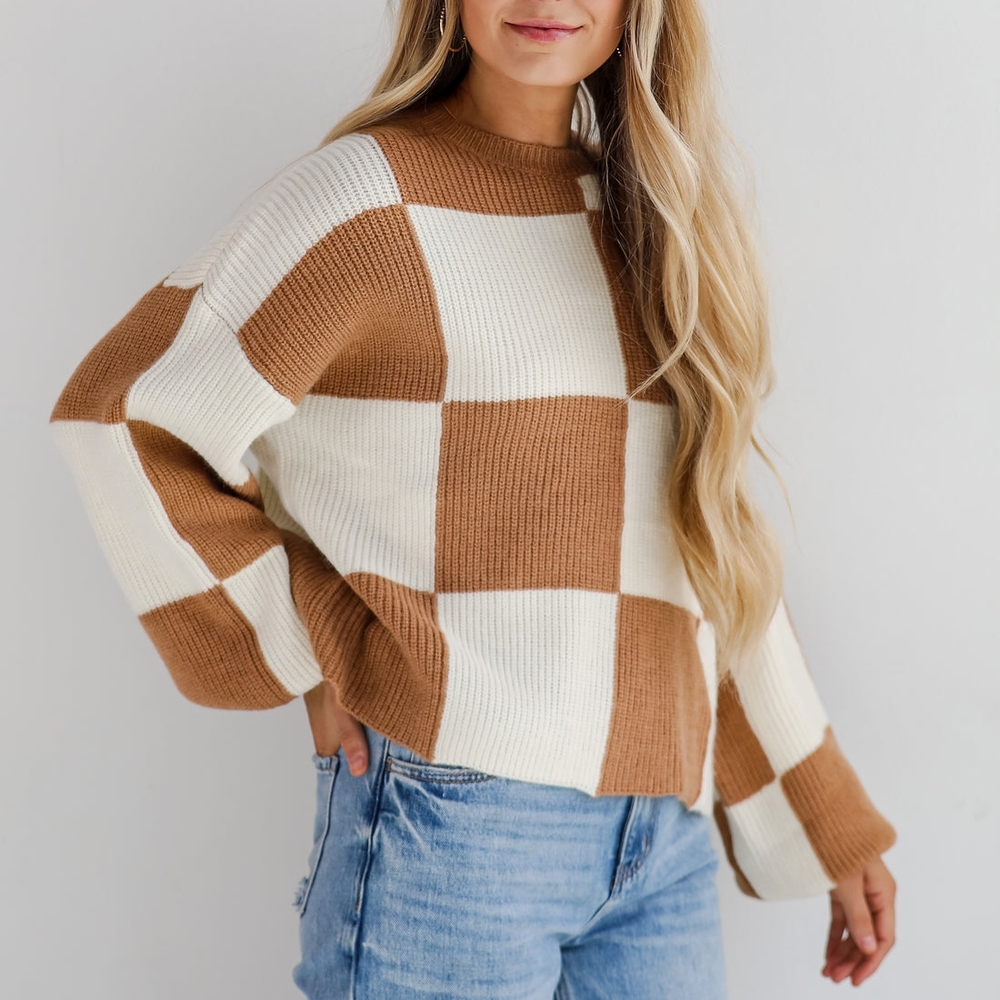 Brown and Cream Checkered Sweater - Picture 5 of 7